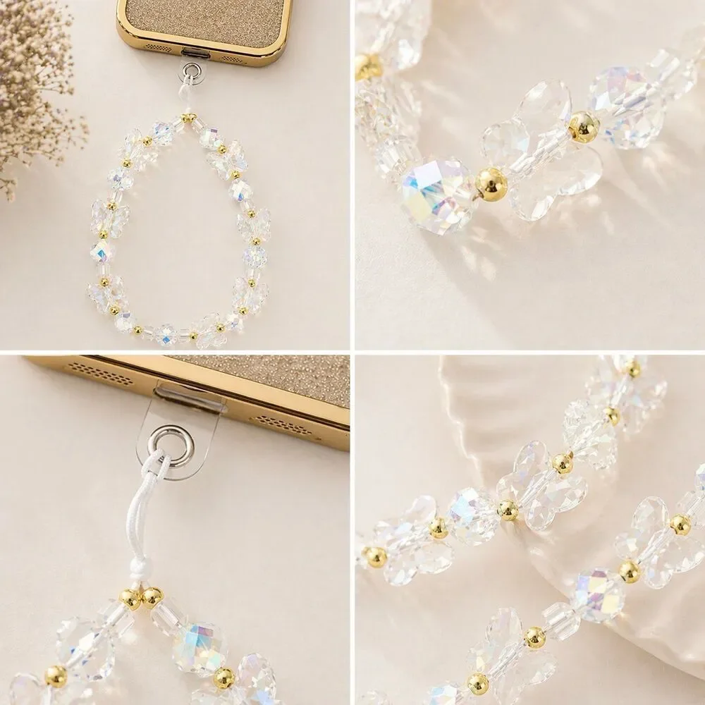 Beaded hand-held lanyard chain, phone wrist strap white butterfly